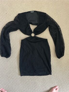 Mesh Long Sleeve Black Mini Dress with Front Ring Detail